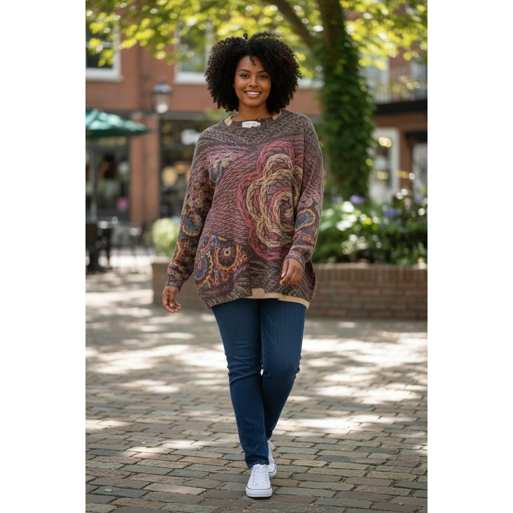 Bohemian V-Neck Sweater, Long Sleeve Top Size Large/Extra Large Beautiful Color - Picture 2 of 7
